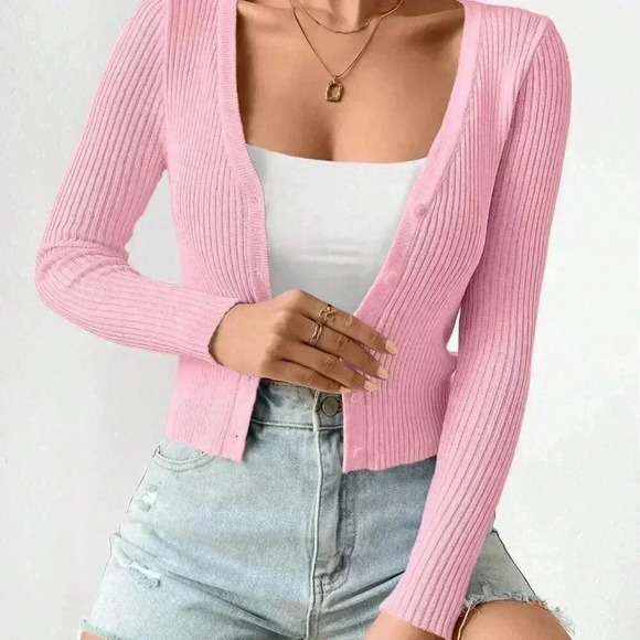 Pink Casual Women's Slim Solid Color Rib Knit Cardigan - Picture 4 of 7